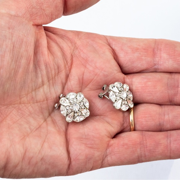 Unique dressy sparkly clear stone cluster clip on earrings with silver - Picture 11 of 15